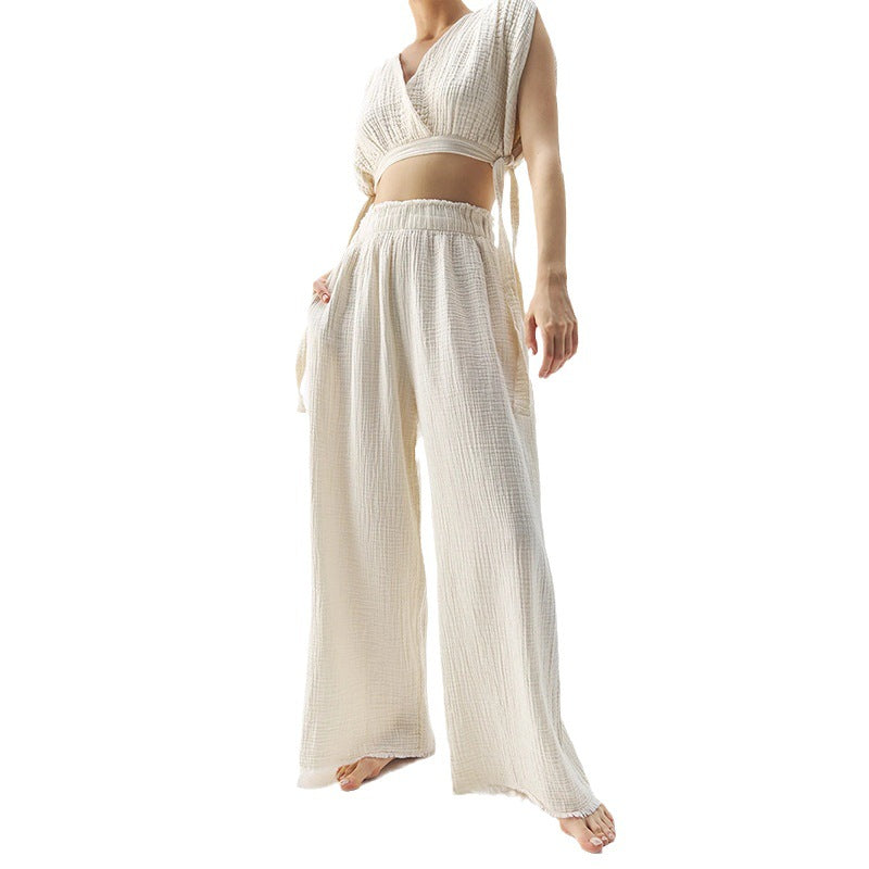 5Double-layer Gauze Trousers High-waisted Thin Cotton Wide-leg Trousers Loose-edge Design Casual Floor Pants Women's Cross-border Special Supply