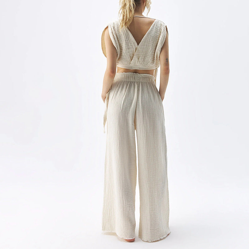 5Double-layer Gauze Trousers High-waisted Thin Cotton Wide-leg Trousers Loose-edge Design Casual Floor Pants Women's Cross-border Special Supply