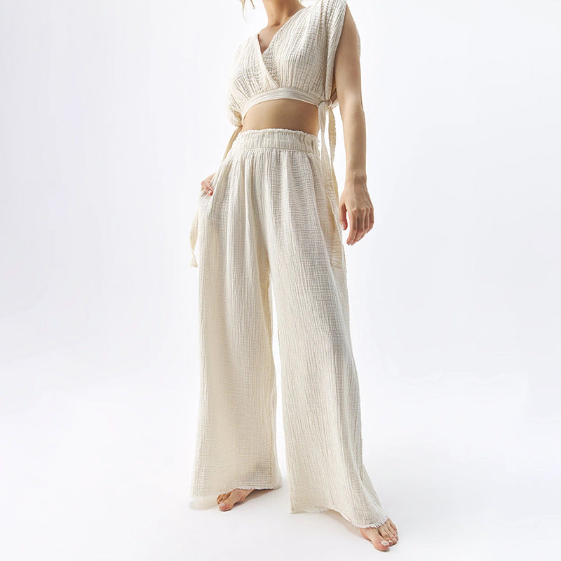 5Double-layer Gauze Trousers High-waisted Thin Cotton Wide-leg Trousers Loose-edge Design Casual Floor Pants Women's Cross-border Special Supply
