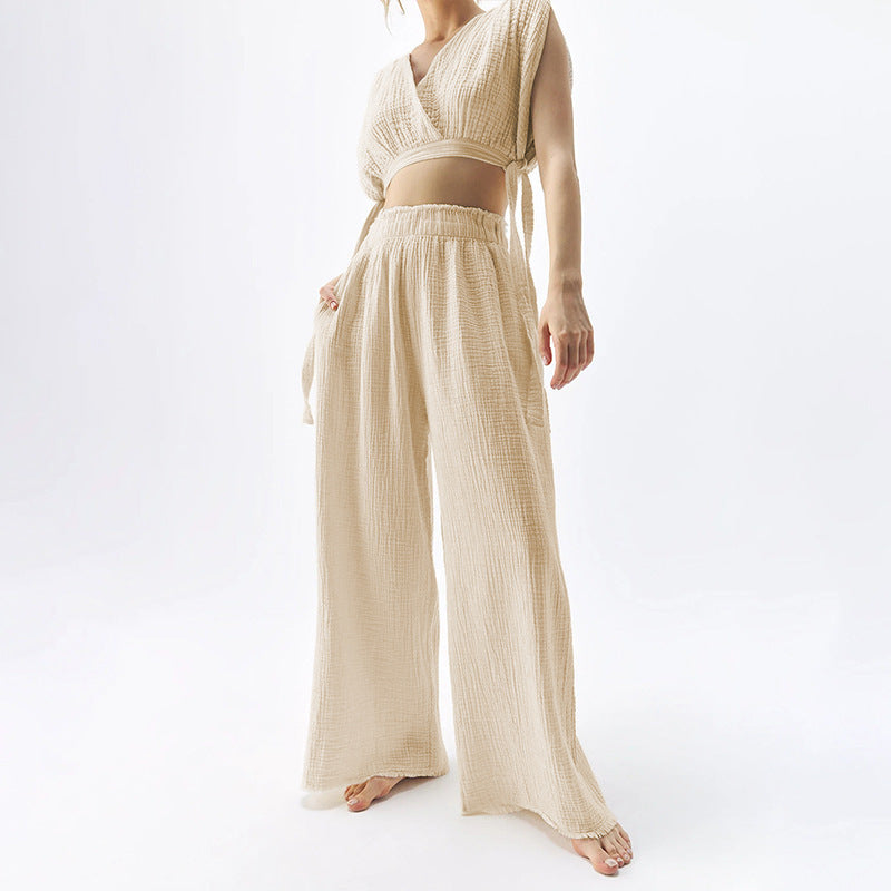5Double-layer Gauze Trousers High-waisted Thin Cotton Wide-leg Trousers Loose-edge Design Casual Floor Pants Women's Cross-border Special Supply