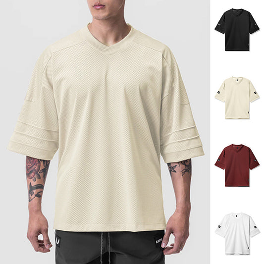 360g Summer Men's T-shirt Loose Large Size V-neck Short-sleeved Men's Shoulder-length Sleeves Mesh Quick-drying Sports Basketball Clothes