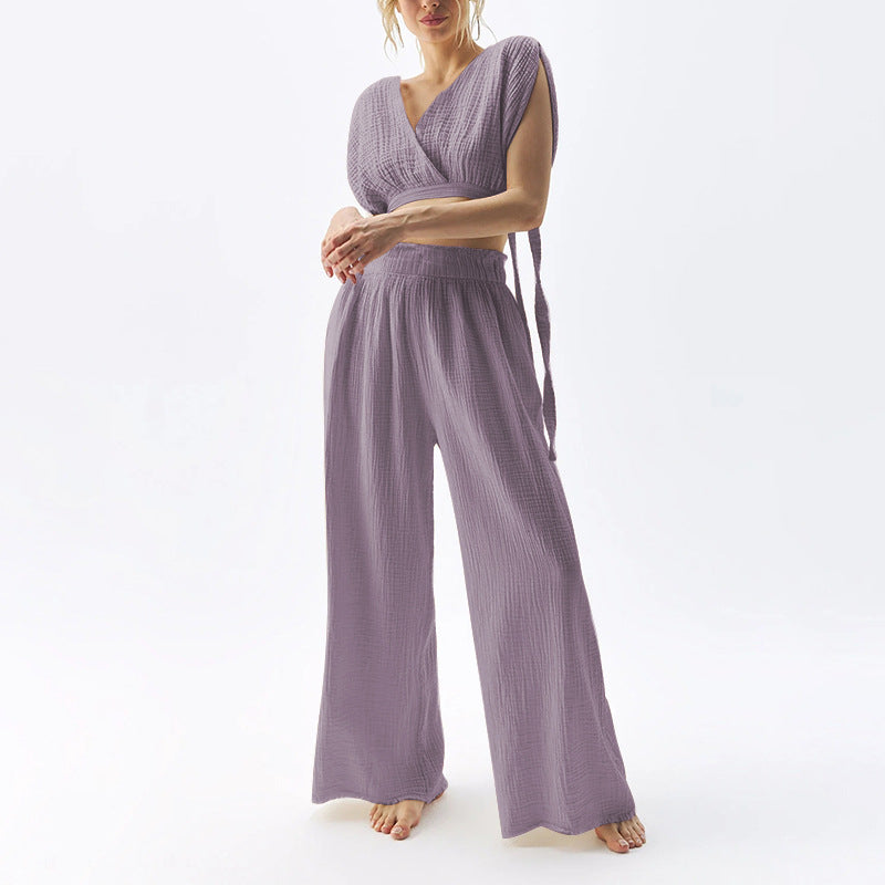 5Double-layer Gauze Trousers High-waisted Thin Cotton Wide-leg Trousers Loose-edge Design Casual Floor Pants Women's Cross-border Special Supply